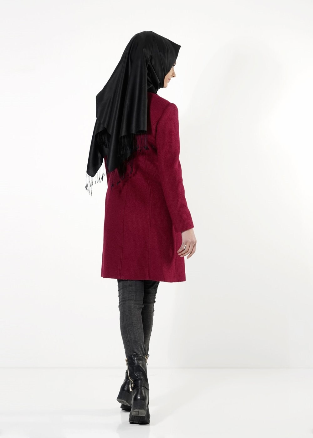 Tesettür giyim BORDO FERMUARLI KABAN 9435 