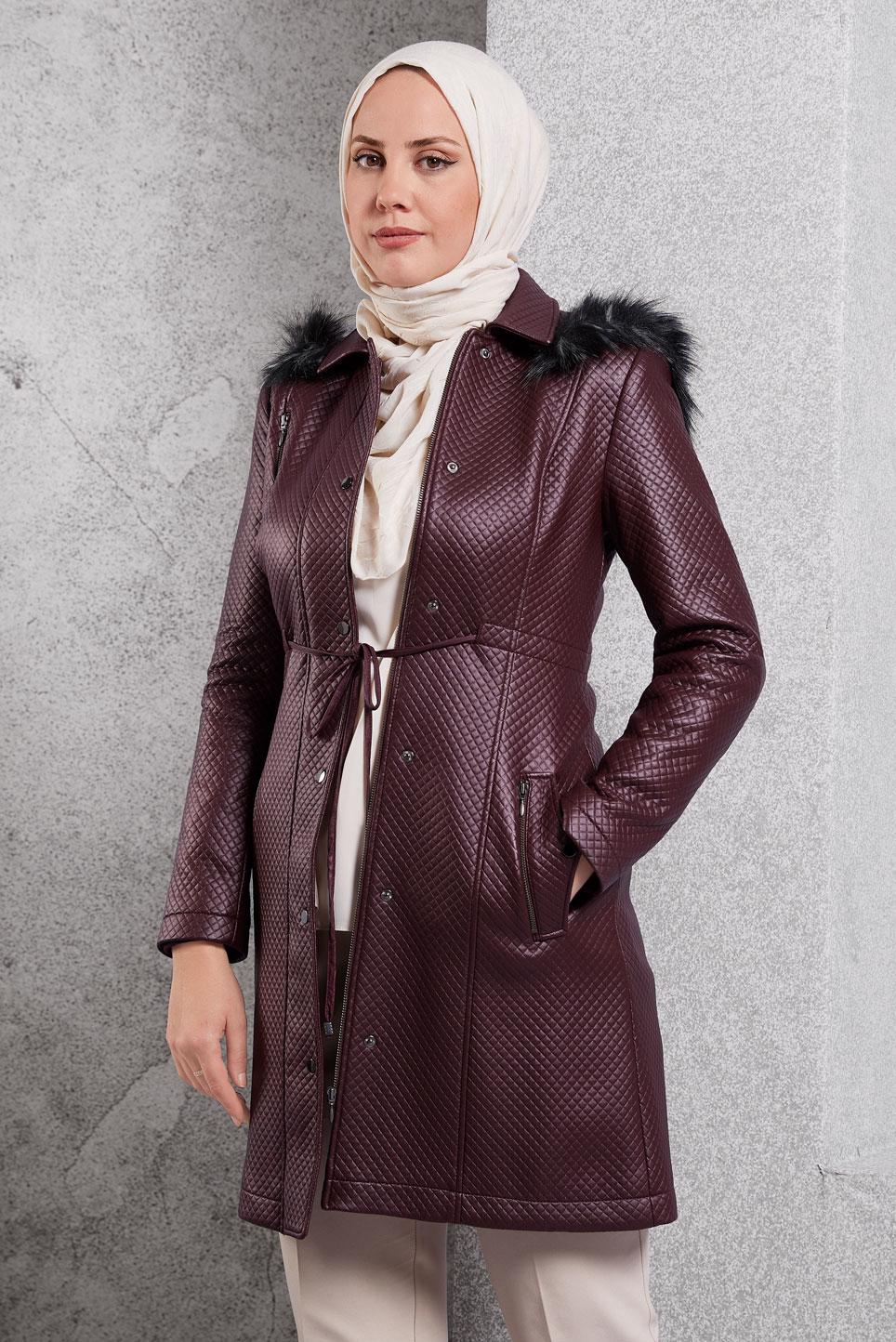 Tesettür giyim BORDO KAPÜŞONLU KABAN 9439