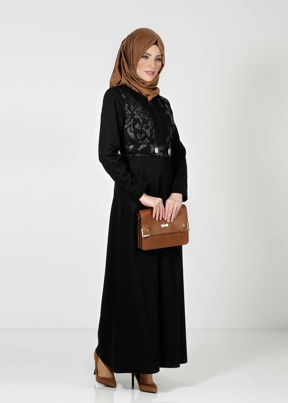 Tesettür giyim SİYAH DERİ DETAYLI MANTO 9343 