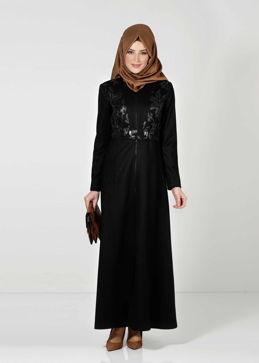 Tesettür giyim SİYAH DERİ DETAYLI MANTO 9343 