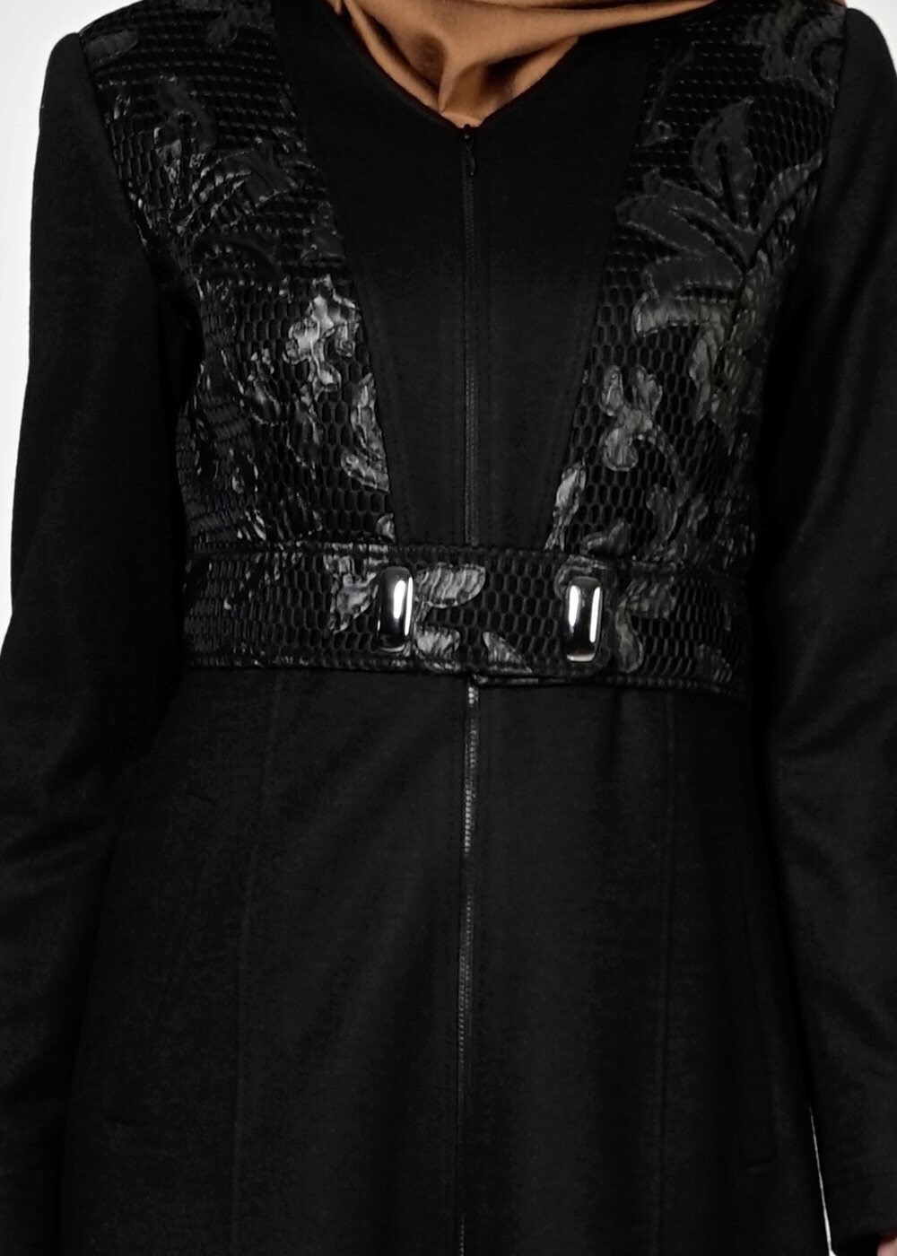 Tesettür giyim SİYAH DERİ DETAYLI MANTO 9343 