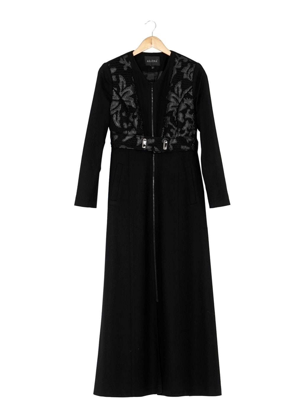 Tesettür giyim SİYAH DERİ DETAYLI MANTO 9343 