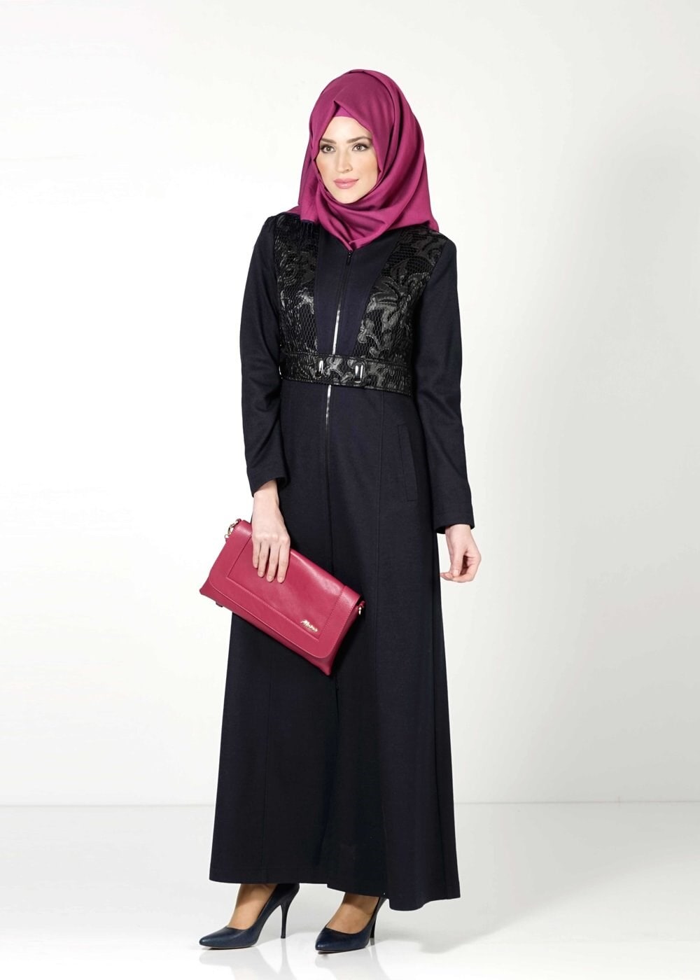 Tesettür giyim LACİVERT DERİ DETAYLI MANTO 9343 