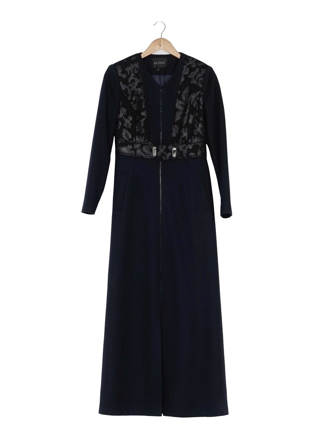 Tesettür giyim LACİVERT DERİ DETAYLI MANTO 9343 