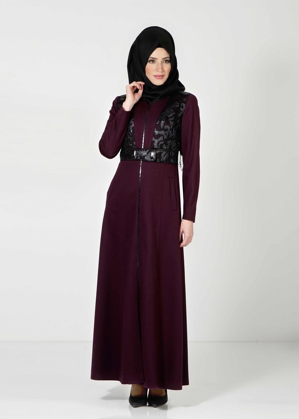 Tesettür giyim MÜRDÜM DERİ DETAYLI MANTO 9343 