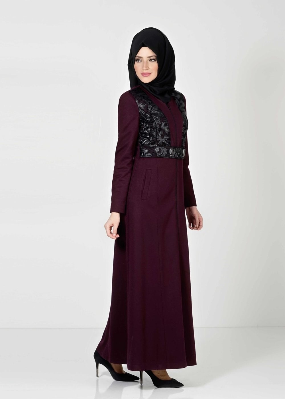 Tesettür giyim MÜRDÜM DERİ DETAYLI MANTO 9343 