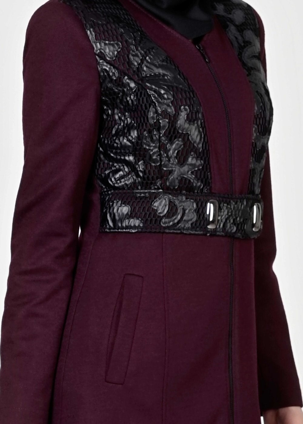 Tesettür giyim MÜRDÜM DERİ DETAYLI MANTO 9343 