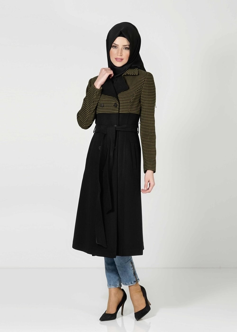 Tesettür giyim SİYAH KAZAYAĞI DETAYLI MANTO 9347 