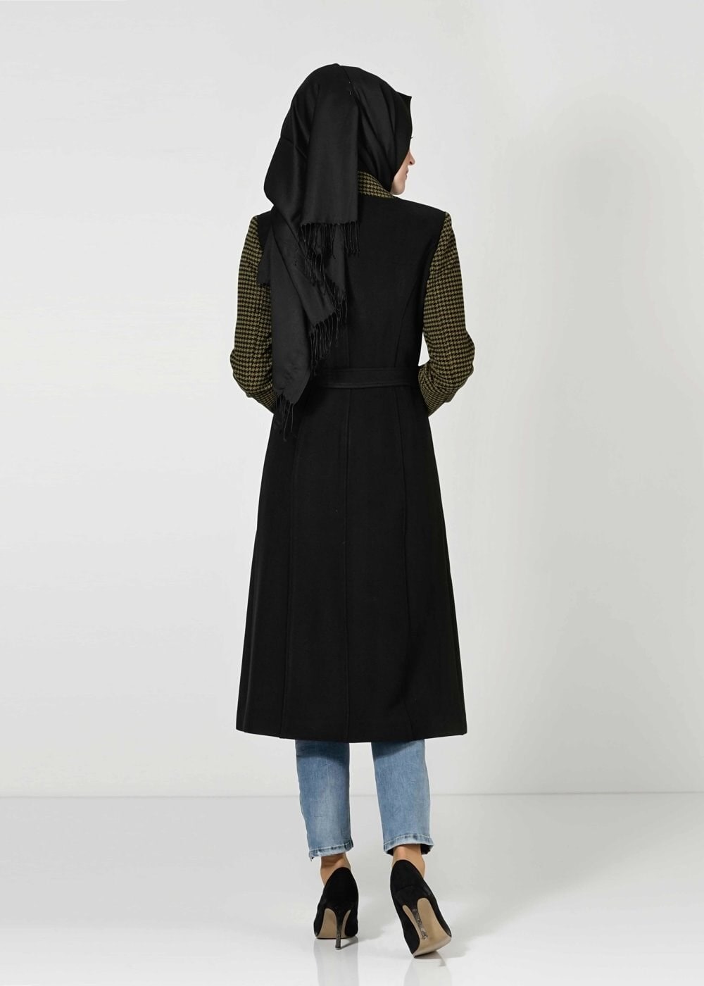 Tesettür giyim SİYAH KAZAYAĞI DETAYLI MANTO 9347 