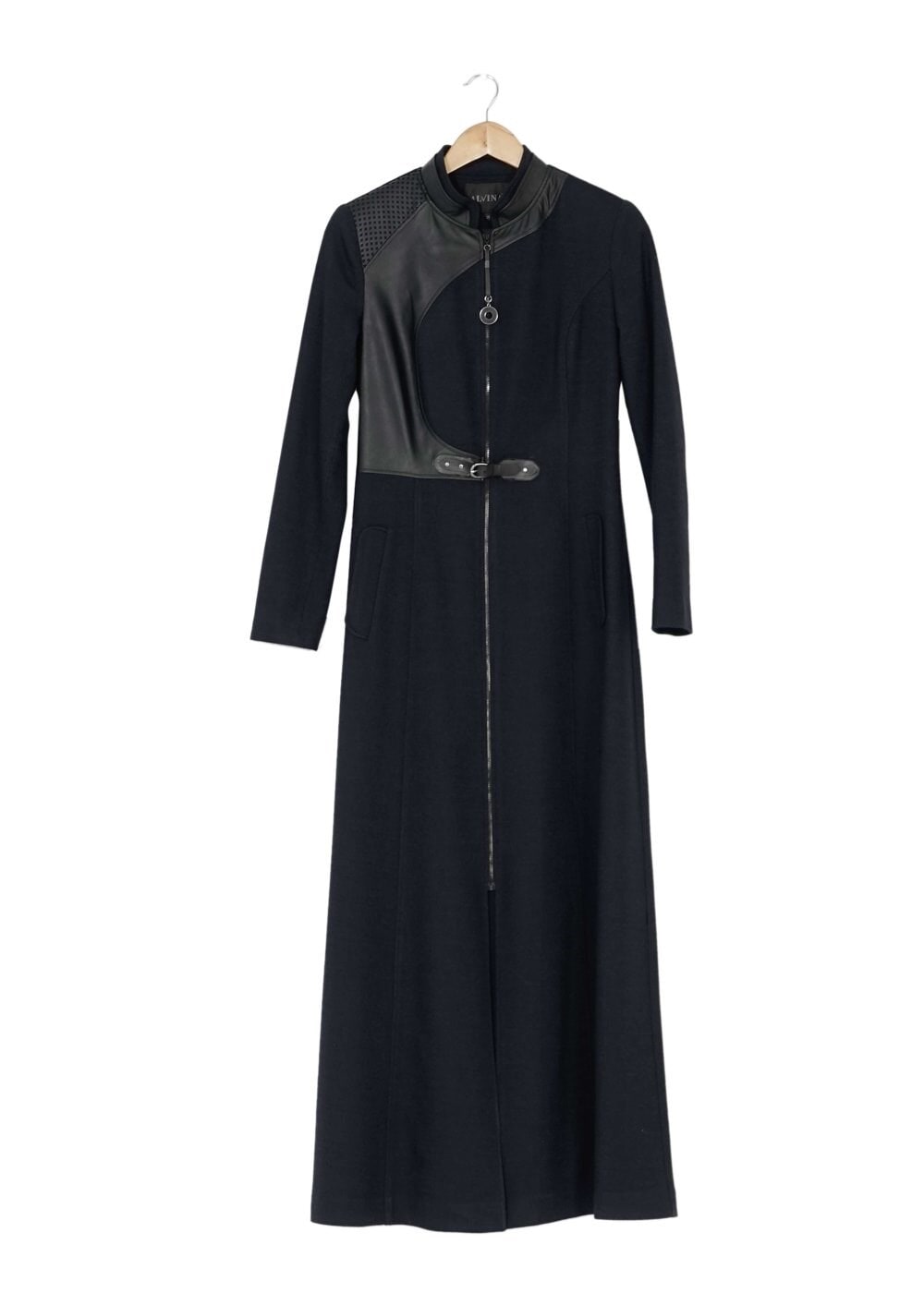 Tesettür giyim LACİVERT DERİ DETAYLI FERMUARLI MANTO 9350 