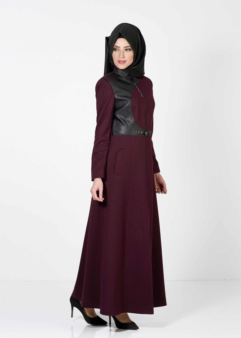 Tesettür giyim MÜRDÜM DERİ DETAYLI FERMUARLI MANTO 9350 