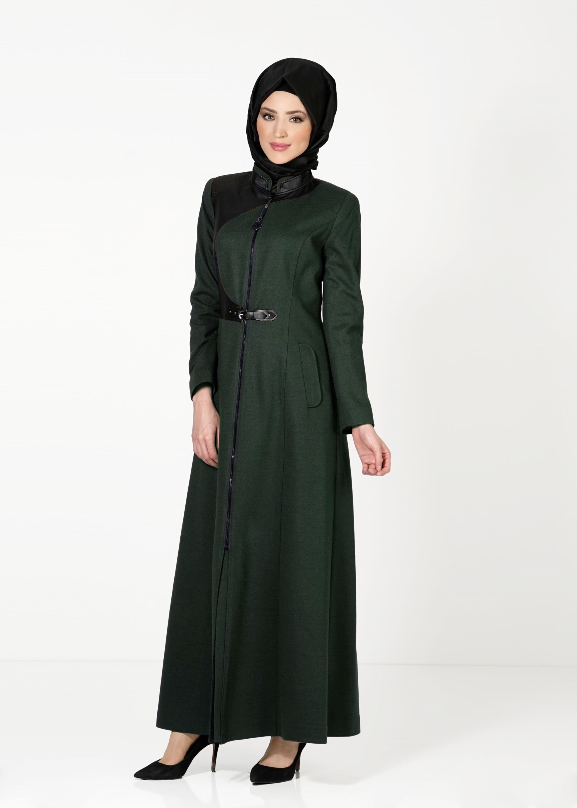 Tesettür giyim YEŞİL DERİ DETAYLI FERMUARLI MANTO 9350 