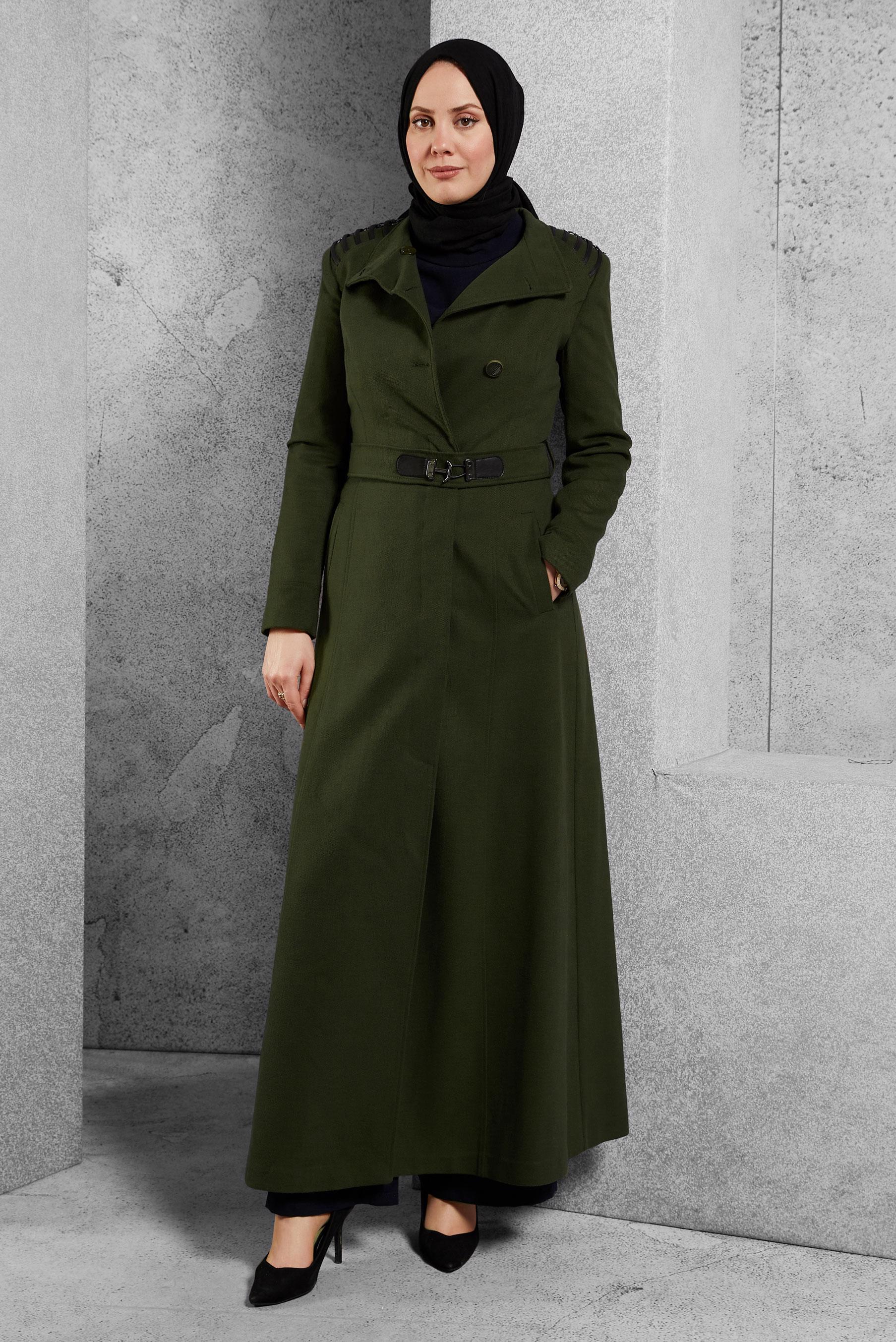 Tesettür giyim HAKİ KEMERLİ DÜĞMELİ MANTO 9354