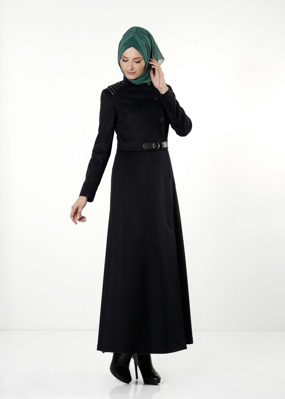 Tesettür giyim LACİVERT KEMERLİ DÜĞMELİ MANTO 9354