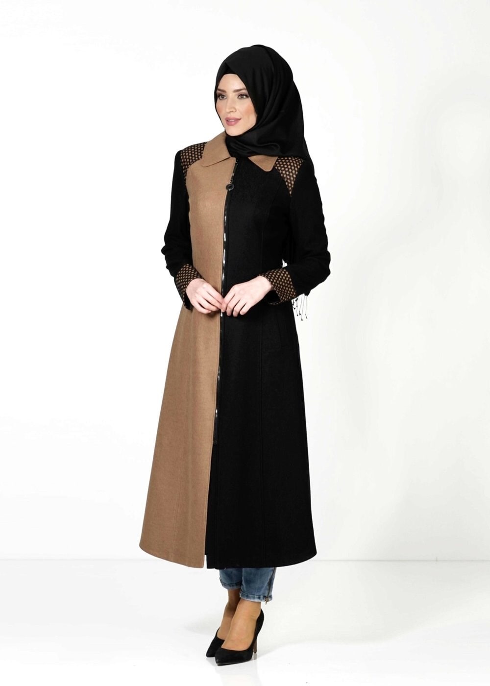 Tesettür giyim KAHVE İKİ RENKLİ FERMUARLI MANTO 9358 