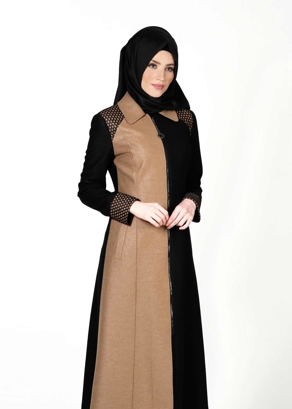 Tesettür giyim KAHVE İKİ RENKLİ FERMUARLI MANTO 9358 