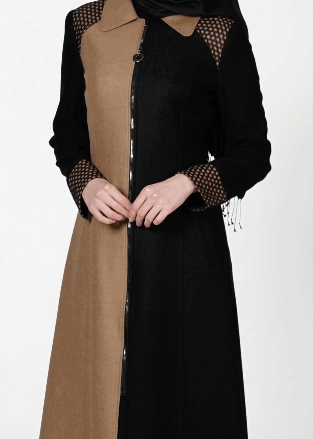 Tesettür giyim KAHVE İKİ RENKLİ FERMUARLI MANTO 9358 