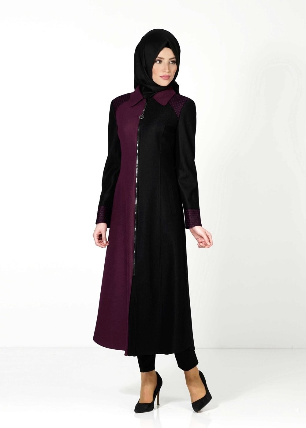 Tesettür giyim MÜRDÜM İKİ RENKLİ FERMUARLI MANTO 9358 