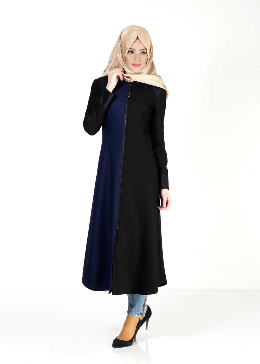 Tesettür giyim LACİVERT İKİ RENKLİ FERMUARLI MANTO 9358 
