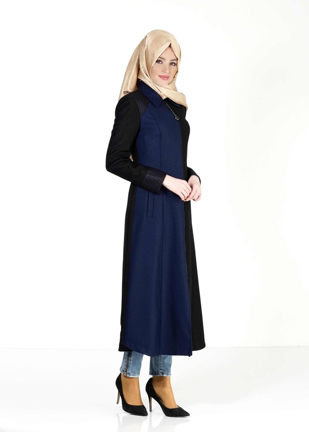 Tesettür giyim LACİVERT İKİ RENKLİ FERMUARLI MANTO 9358 