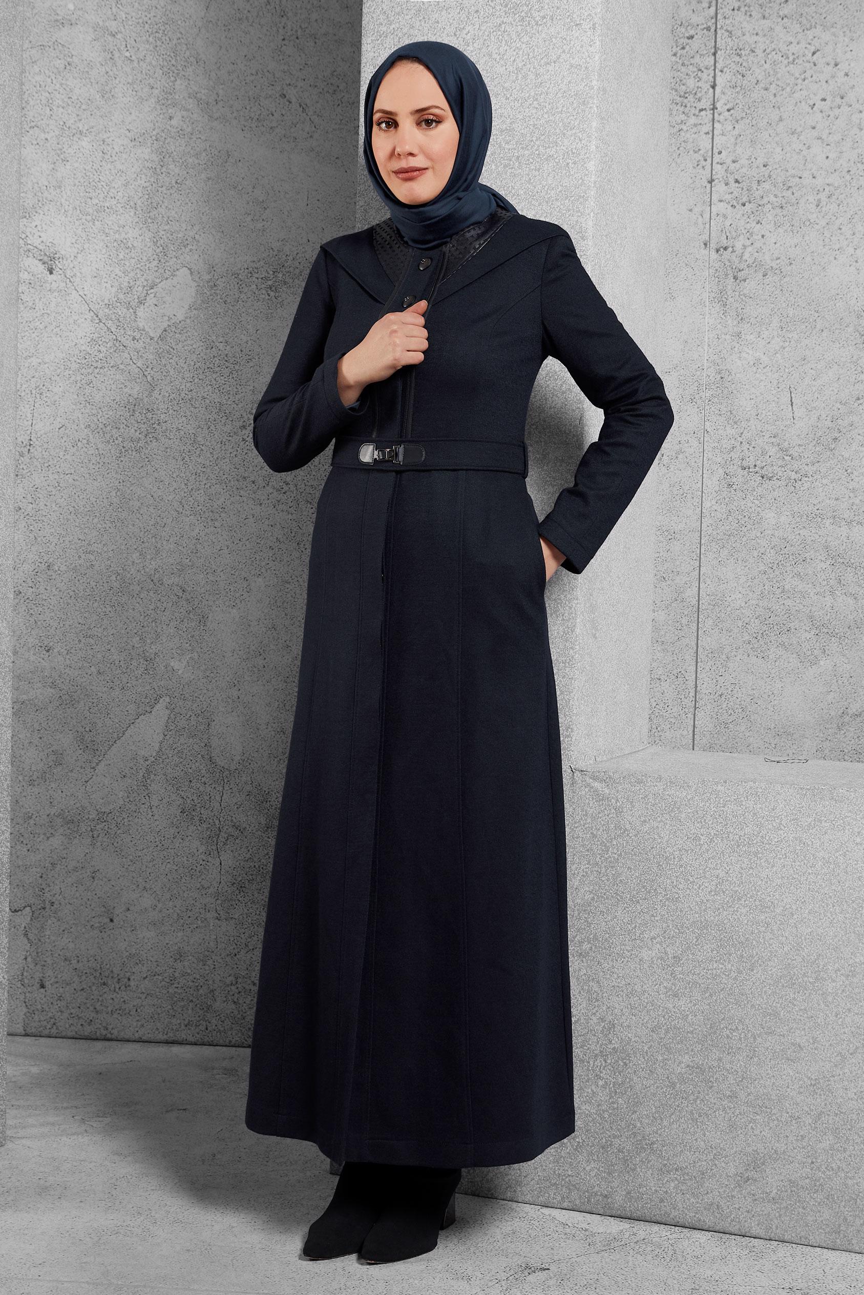 Tesettür giyim LACİVERT KEMERLİ MANTO 9359