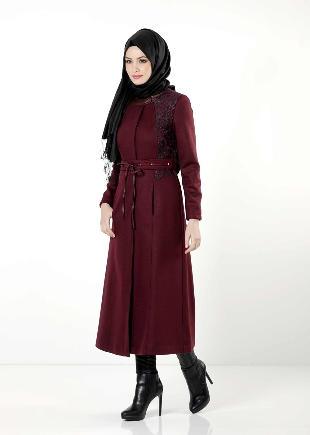 Tesettür giyim MÜRDÜM  DESENLİ KUŞAKLI MANTO 9362