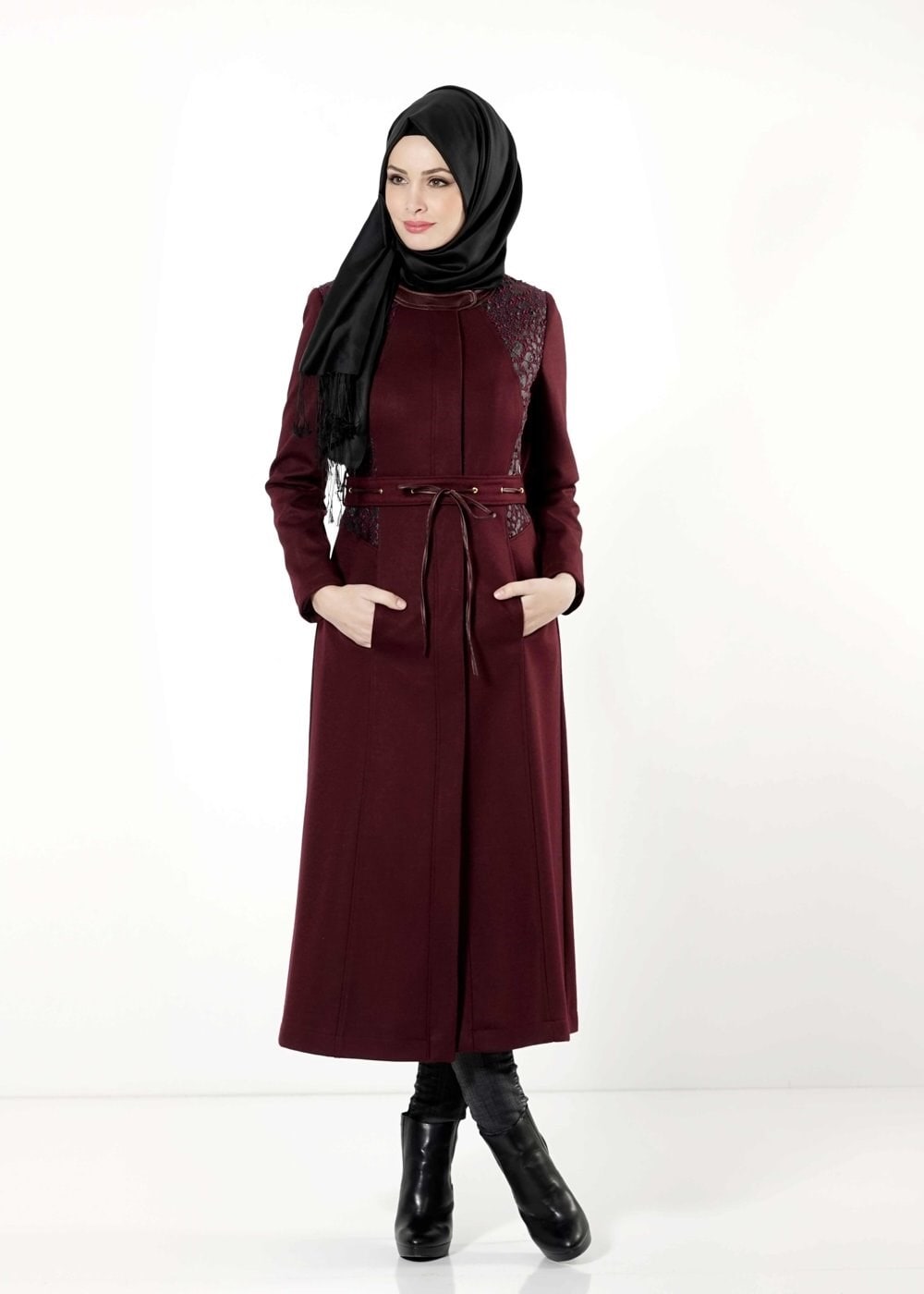 Tesettür giyim MÜRDÜM  DESENLİ KUŞAKLI MANTO 9362