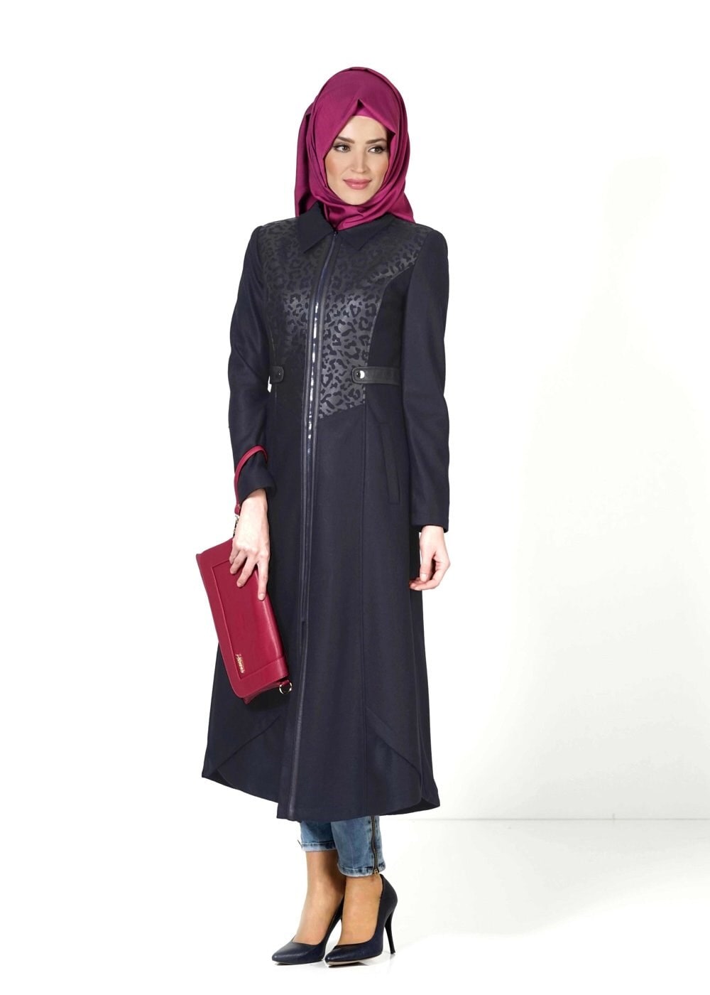 Tesettür giyim LACİVERT DESENLİ FERMUARLI MANTO 9369 
