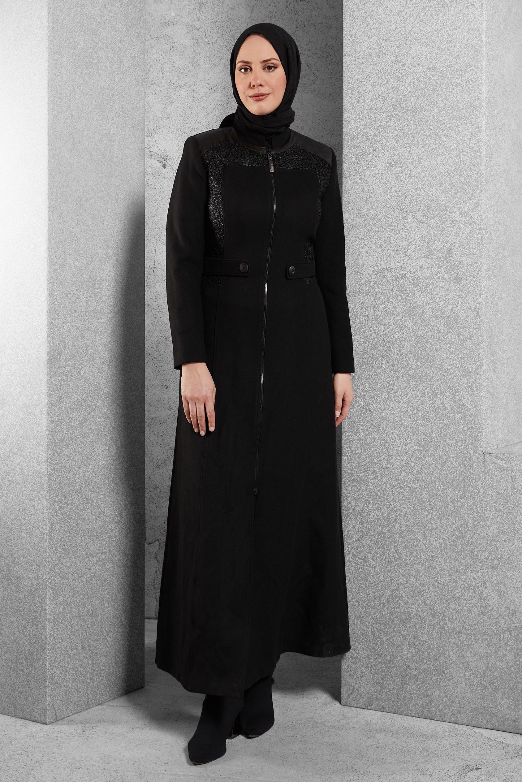 Tesettür giyim SİYAH FERMUARLI MANTO 9380