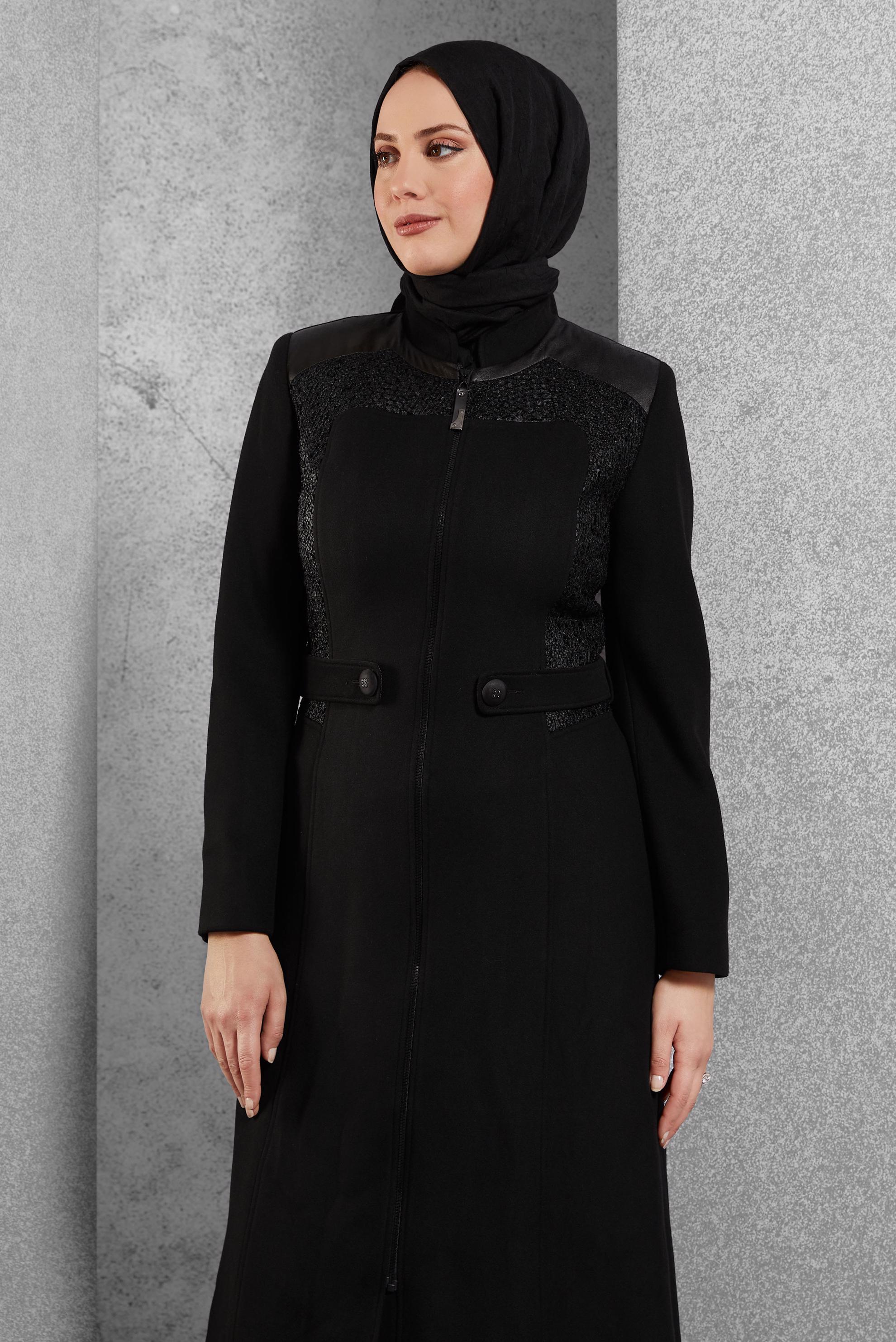 Tesettür giyim SİYAH FERMUARLI MANTO 9380