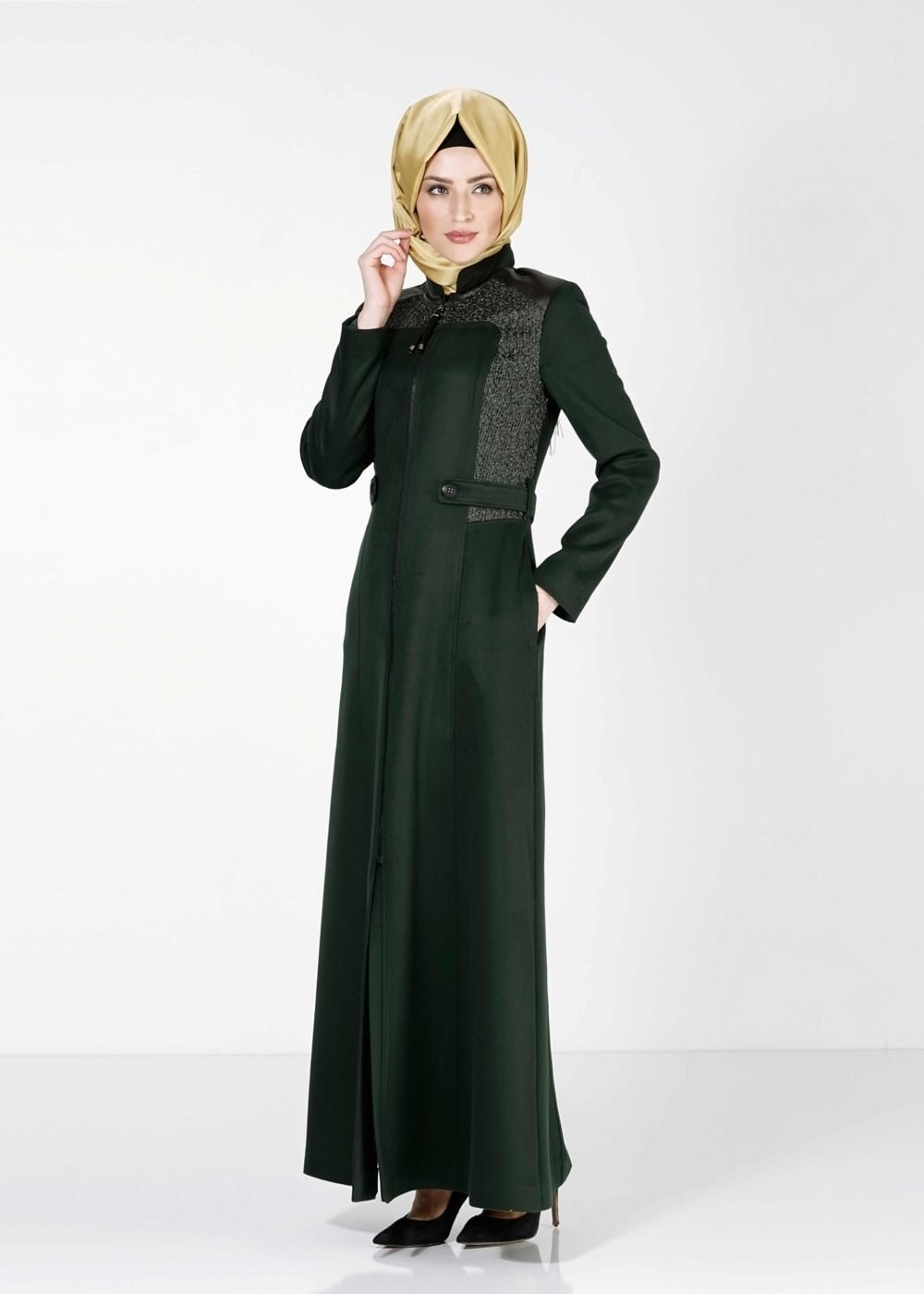 Tesettür giyim YEŞİL FERMUARLI MANTO 9380