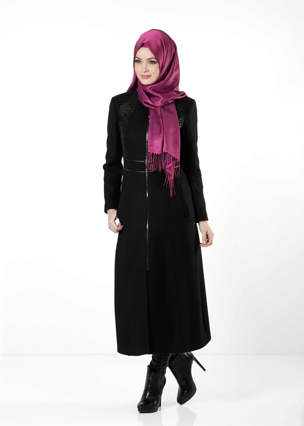 Tesettür giyim SİYAH FERMUARLI MANTO 9394 