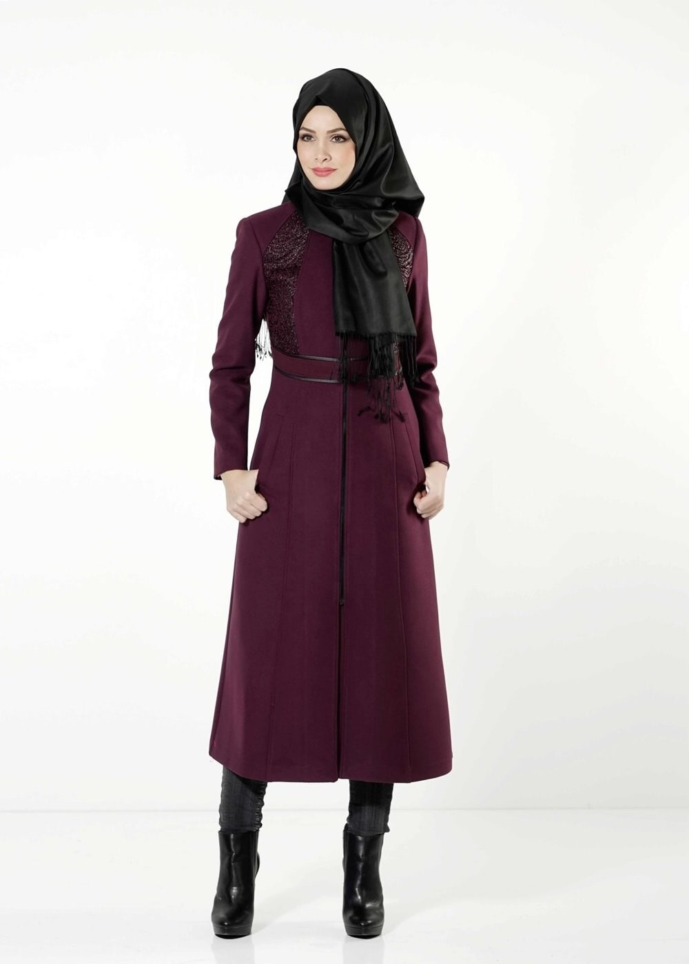 Tesettür giyim MÜRDÜM FERMUARLI MANTO 9394 