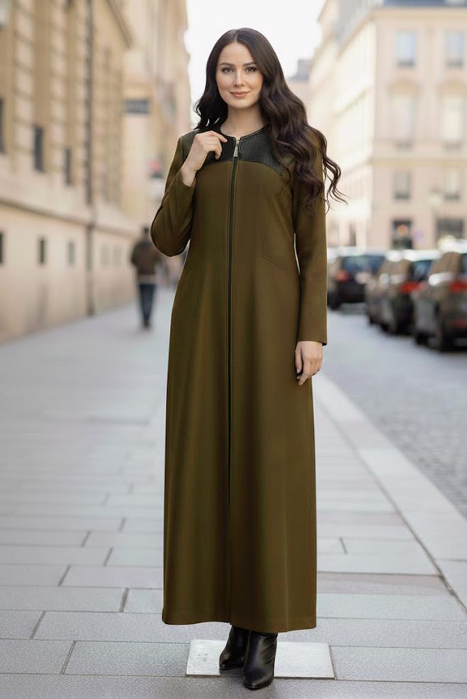 Hijab clothing KHAKI LEATHER DETAIL ZIPPERED COAT 9410  - ALVİNA