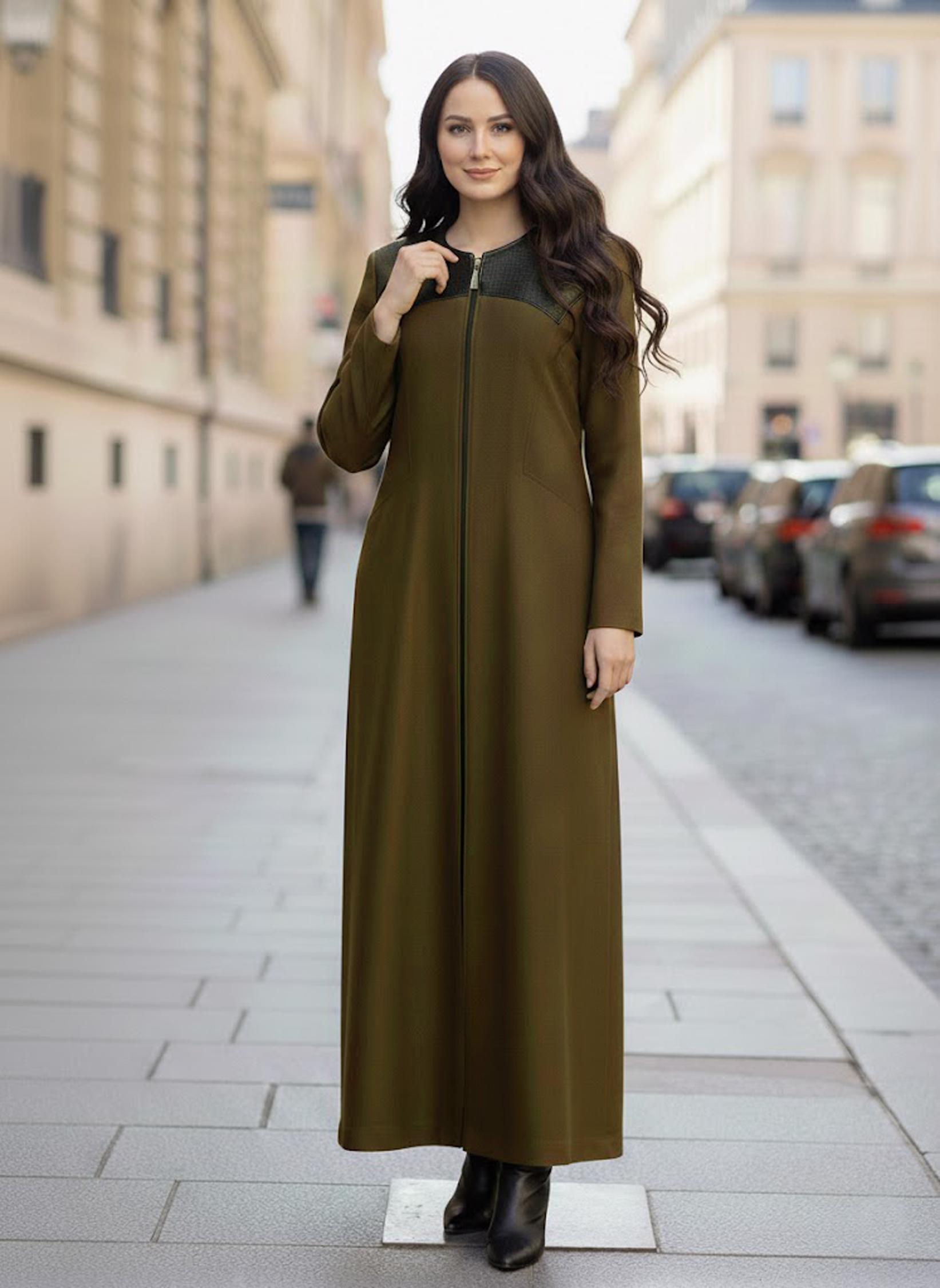 Tesettür giyim HAKİ DERİ DETAYLI FERMUARLI MANTO 9410 