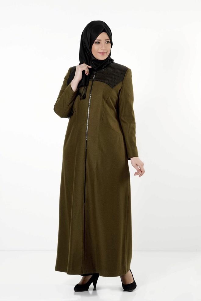 Hijab clothing KHAKI LEATHER DETAIL ZIPPERED COAT 9410  - ALVİNA