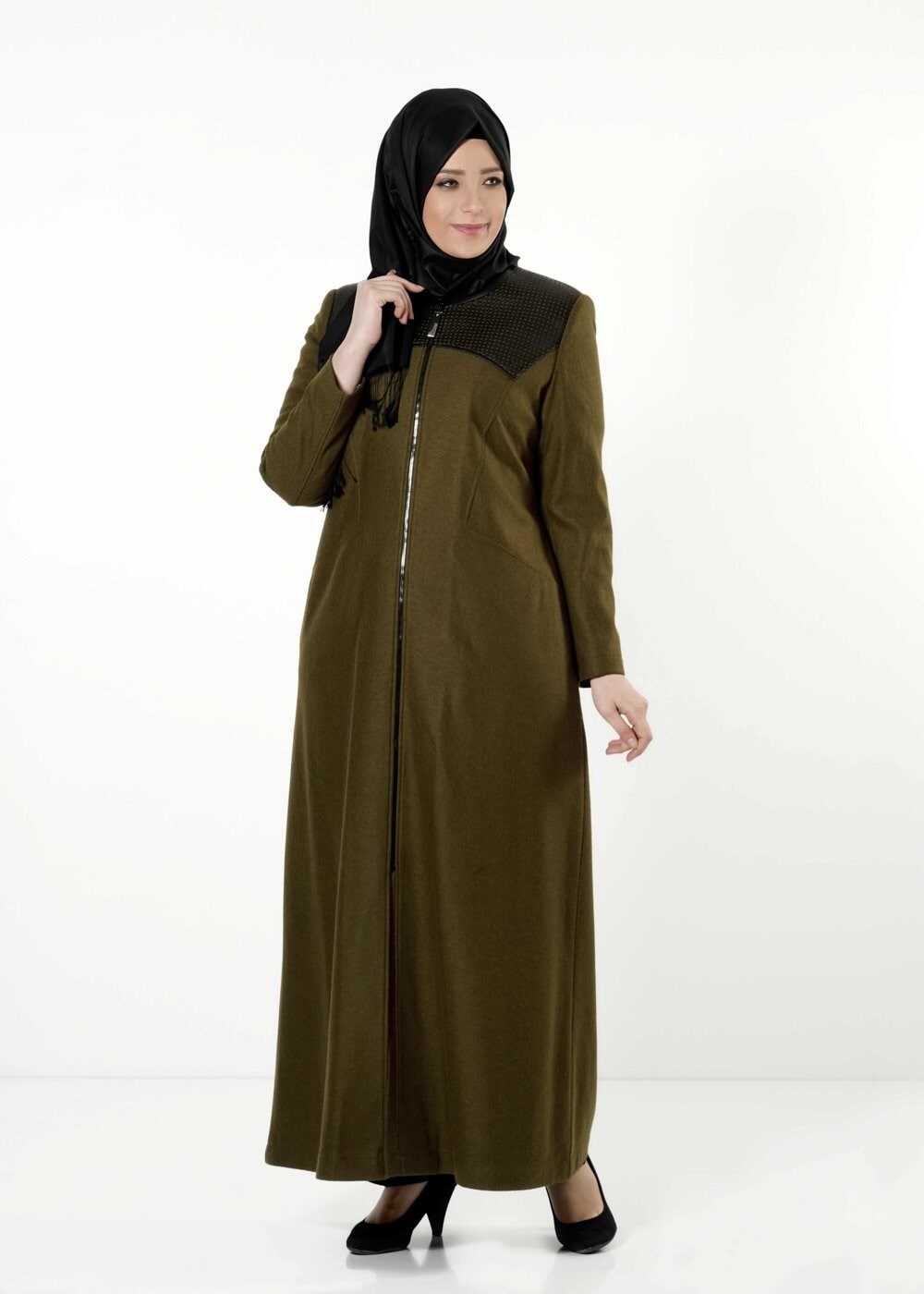 Vêtements hijab KAKI MANTEAU ZIPPÉ AVEC DÉTAILS EN CUIR 9410