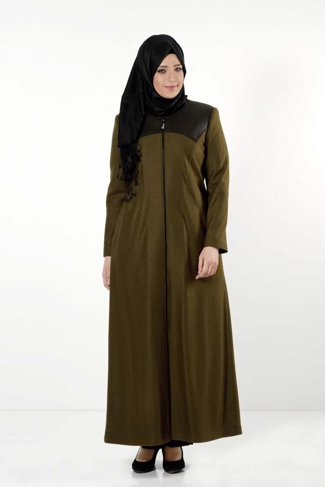 Hijab clothing KHAKI LEATHER DETAIL ZIPPERED COAT 9410  - ALVİNA