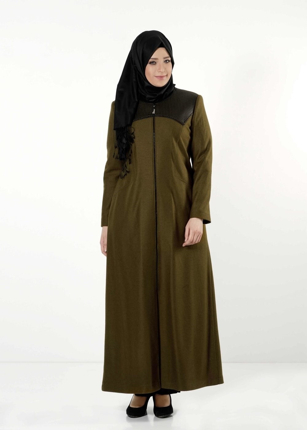 Vêtements hijab KAKI MANTEAU ZIPPÉ AVEC DÉTAILS EN CUIR 9410