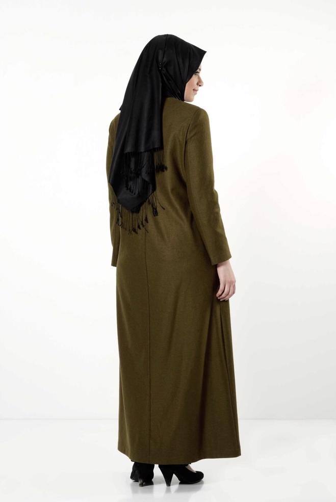 Hijab clothing KHAKI LEATHER DETAIL ZIPPERED COAT 9410  - ALVİNA