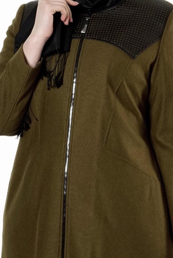 Hijab clothing KHAKI LEATHER DETAIL ZIPPERED COAT 9410  - ALVİNA