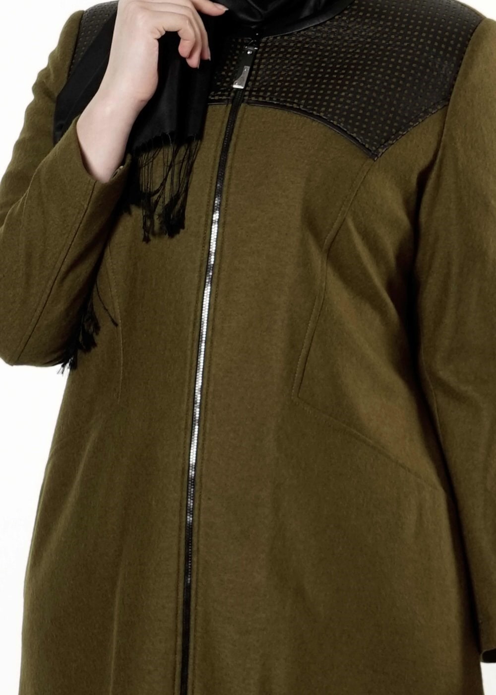 Vêtements hijab KAKI MANTEAU ZIPPÉ AVEC DÉTAILS EN CUIR 9410