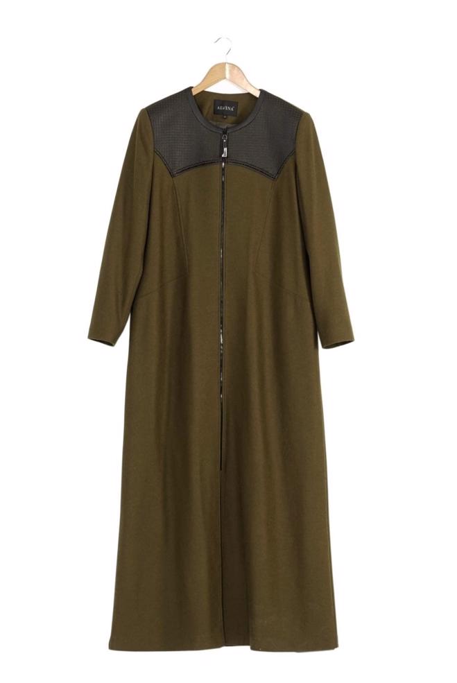 Hijab clothing KHAKI LEATHER DETAIL ZIPPERED COAT 9410  - ALVİNA