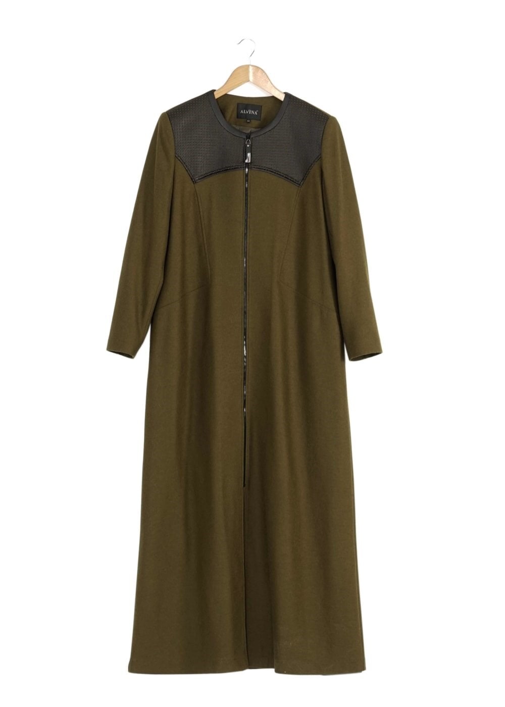 Vêtements hijab KAKI MANTEAU ZIPPÉ AVEC DÉTAILS EN CUIR 9410