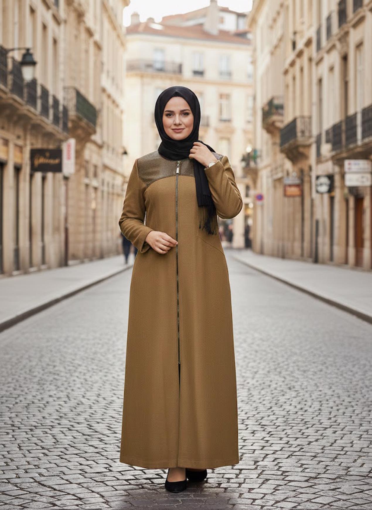 Tesettür giyim KAHVE DERİ DETAYLI FERMUARLI MANTO 9410 