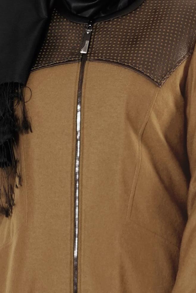 Hijab clothing BROWN LEATHER DETAIL ZIPPERED COAT 9410  - ALVİNA