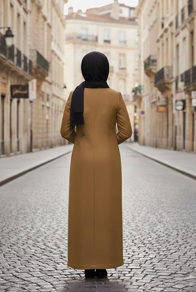 Hijab clothing BROWN LEATHER DETAIL ZIPPERED COAT 9410  - ALVİNA