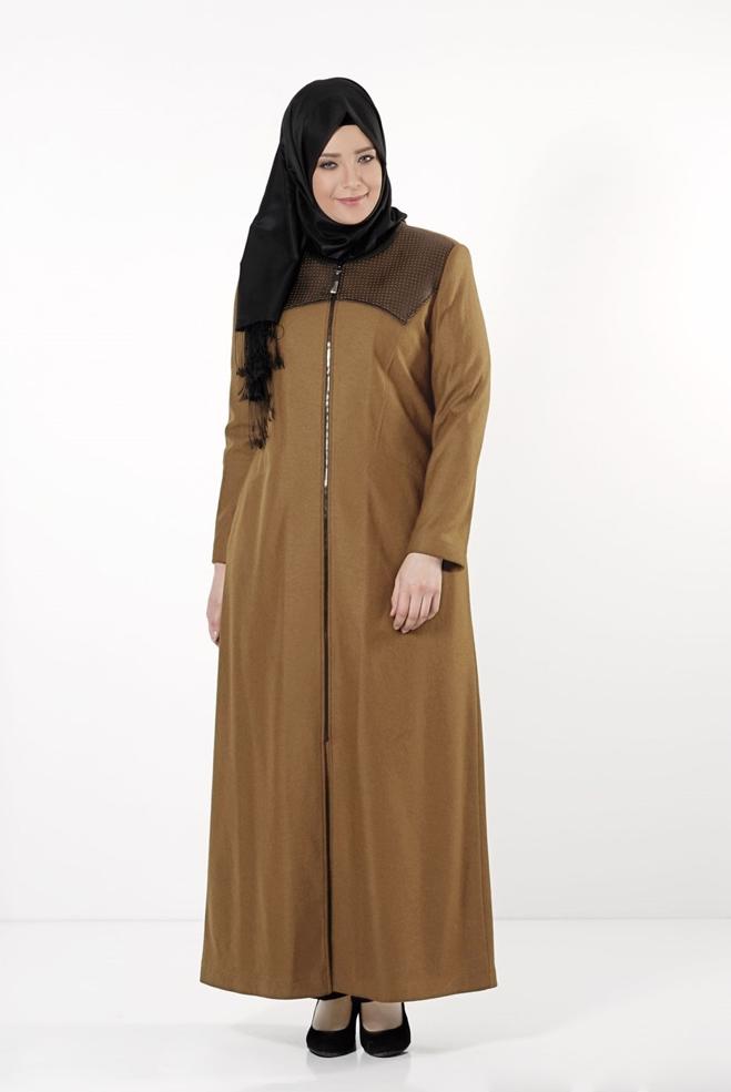 Hijab clothing BROWN LEATHER DETAIL ZIPPERED COAT 9410  - ALVİNA