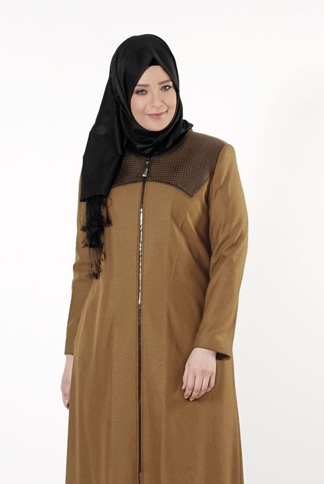 Hijab clothing BROWN LEATHER DETAIL ZIPPERED COAT 9410  - ALVİNA