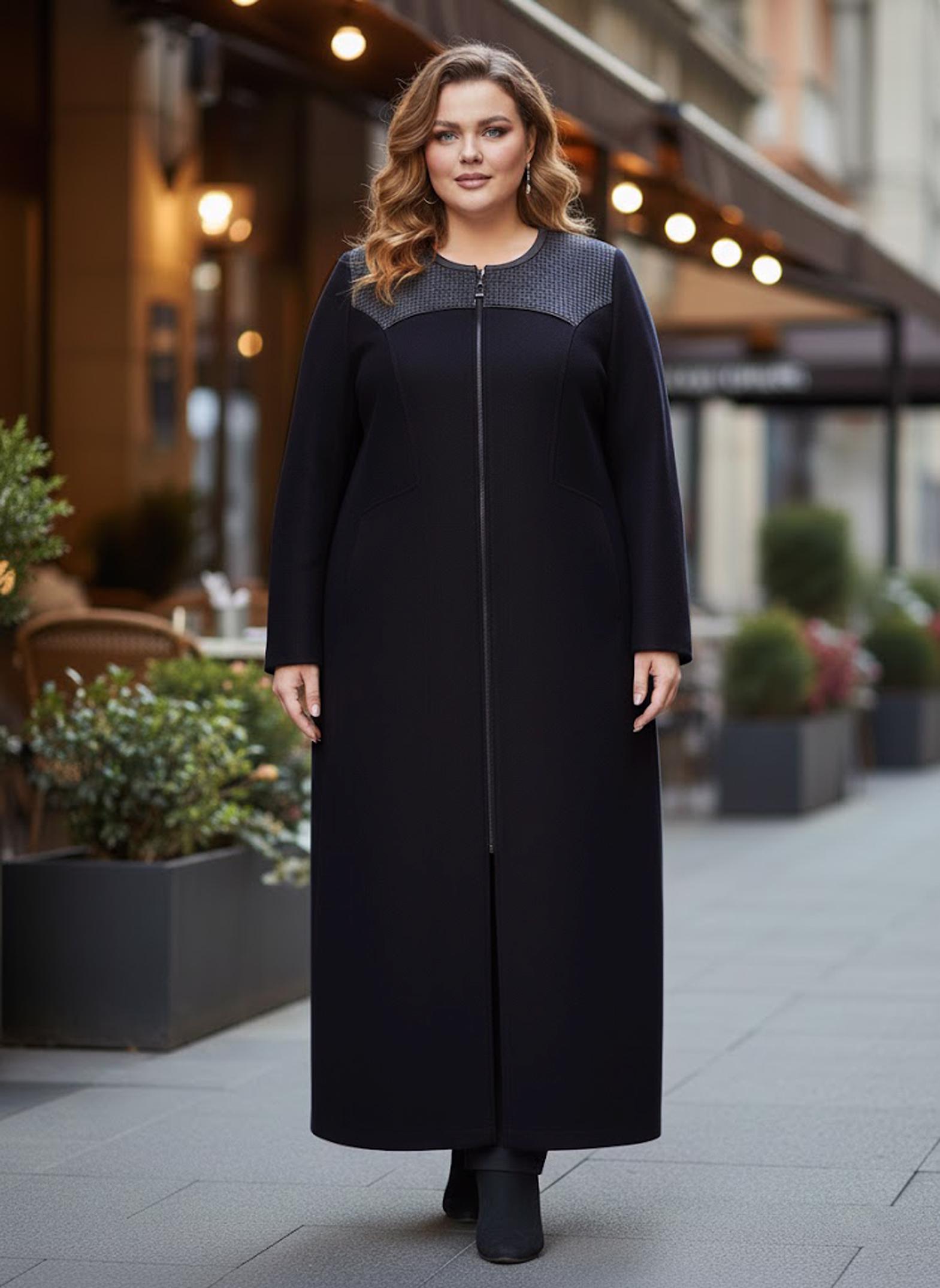 Tesettür giyim LACİVERT DERİ DETAYLI FERMUARLI MANTO 9410 